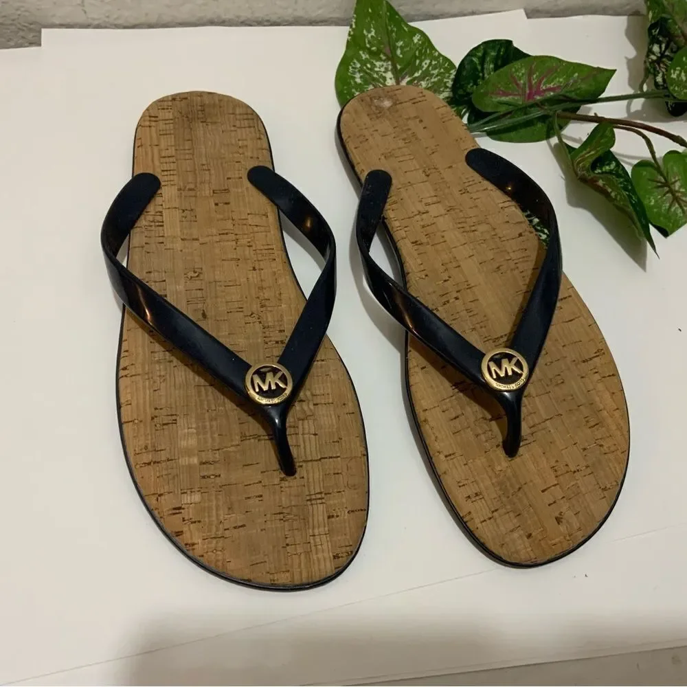 Michael Kors Cork Sandals MK Logo Navy PVC Thong Jet Set Flip Flops Sz. 10